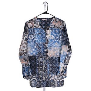 Soft Surroundings Women's Shirt Button Up Blue Brown Geometric Blouse Top Size L